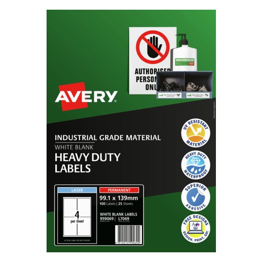 Single Avery white heavy duty rectangular label 99.1 x 139mm on its backing sheet, waterproof and permanent for carton and equipment identification