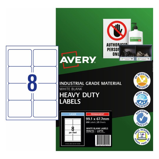 Avery L4715 white heavy duty label pack, 99.1 x 67.7mm, 200 labels across 25 A4 laser sheets in Avery retail packaging
