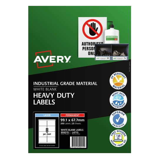 Single Avery white heavy duty rectangular label 99.1 x 67.7mm on its backing sheet, waterproof and permanent for equipment and asset identification