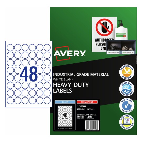 Avery L4716 white heavy duty round label pack, 30mm diameter, 480 labels across 10 A4 laser sheets in Avery retail packaging