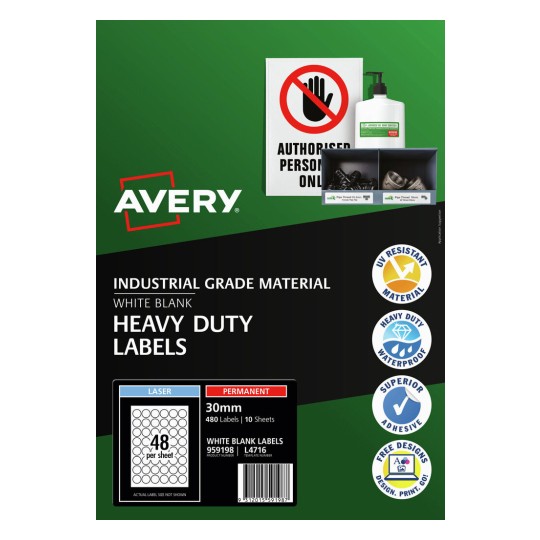 Single Avery white heavy duty round 30mm polyester label on its backing sheet, waterproof and permanent for small-part and seal identification