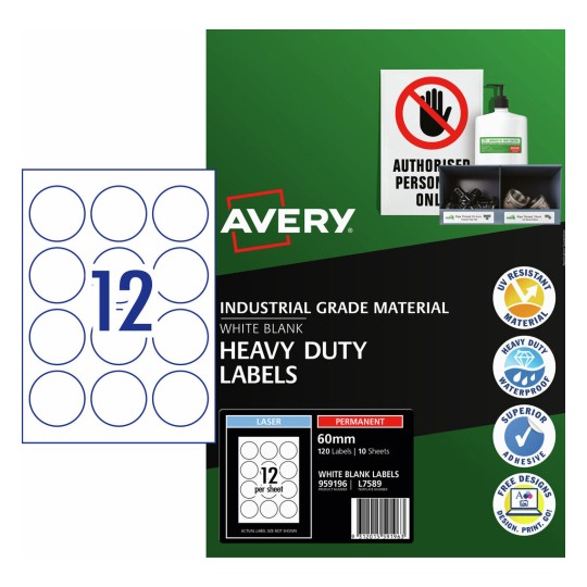 Avery L7589 white heavy duty round label pack, 60mm diameter, 120 labels across 10 A4 laser sheets in Avery retail packaging
