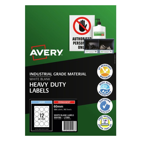 Single Avery white heavy duty round 60mm polyester label on its backing sheet, waterproof and permanent for seals and asset dots
