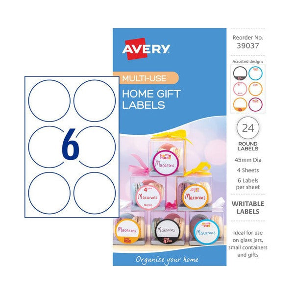 Avery Home Gift Labels Round 45mm Assorted Colours 4 Pack 6UP - image 1