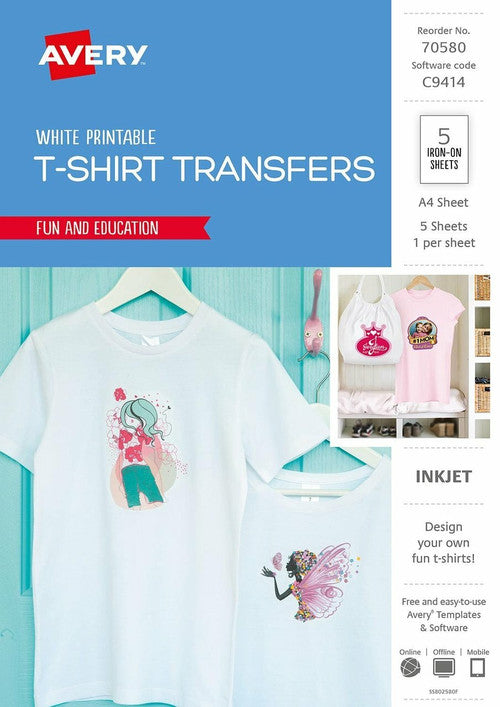 Avery Inspired White T-Shirt Transfers 5 Pack A4 - image 1