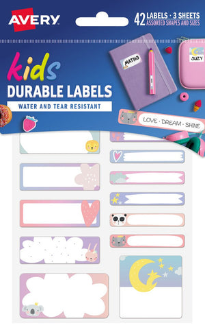 Avery Love Dream Shine Kids School Labels 41419 42 Labels Multipack | Durable pastel name labels for clothing, lunch boxes, bottles and stationery