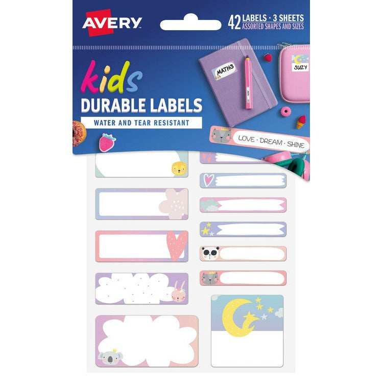 Avery Love Dream Shine Kids School Labels 41419 42 Labels Multipack | Durable pastel name labels for clothing, lunch boxes, bottles and stationery