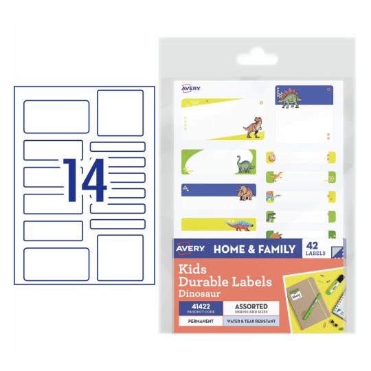 Avery 41422 kids durable dinosaur themed name labels, assorted pack
