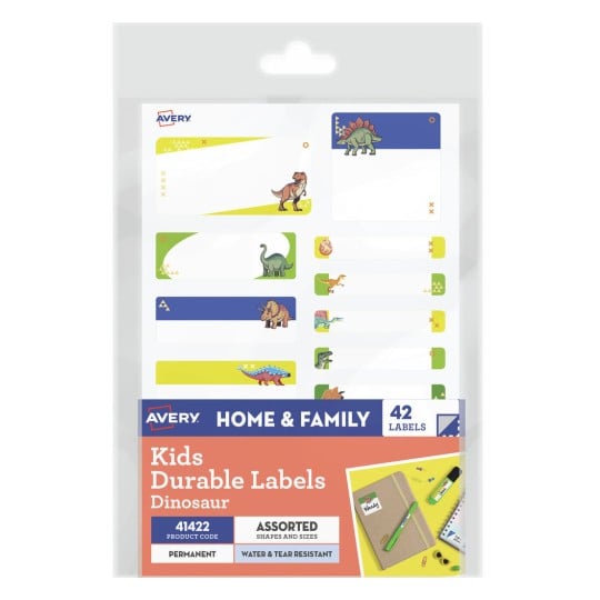 Avery 41422 kids durable dinosaur themed name labels, assorted pack