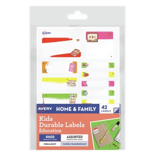 Avery 41425 kids durable education themed name labels, assorted pack