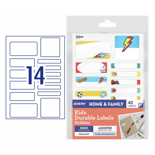 Avery 41420 kids durable hobbies themed name labels, assorted pack