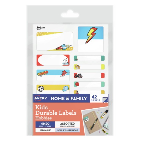 Avery 41420 kids durable hobbies themed name labels, assorted pack