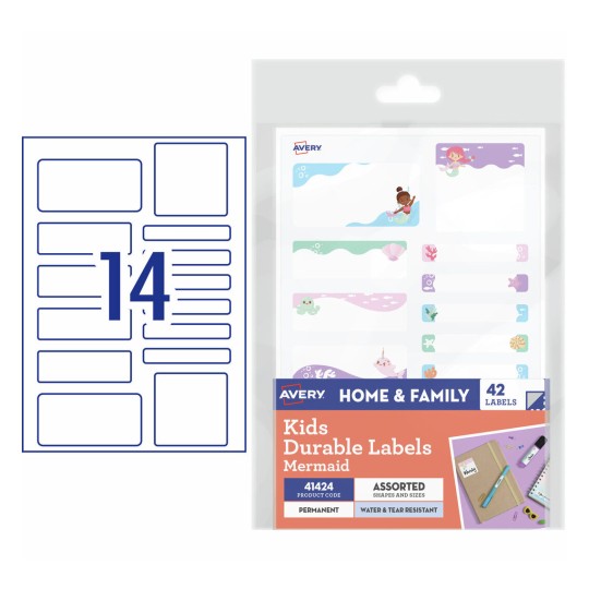 Avery 41424 kids durable mermaid themed name labels, assorted pack