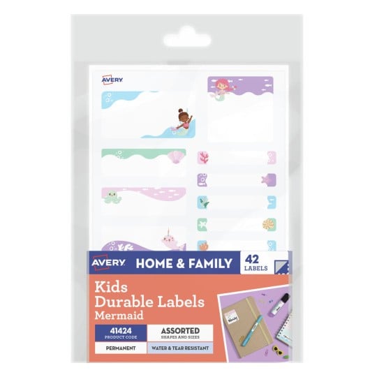 Avery 41424 kids durable mermaid themed name labels, assorted pack