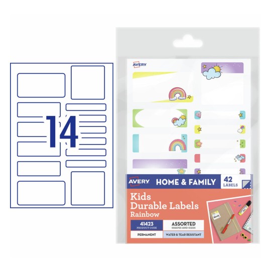 Avery 41423 kids durable rainbow themed name labels, assorted pack