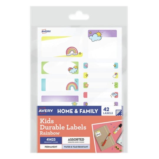 Avery 41423 kids durable rainbow themed name labels, assorted pack