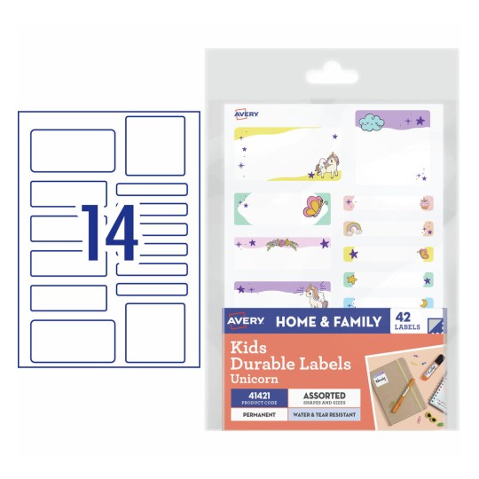 Avery 41421 kids durable unicorn themed name labels, assorted pack