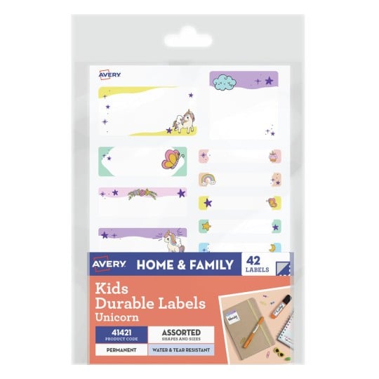 Avery 41421 kids durable unicorn themed name labels, assorted pack
