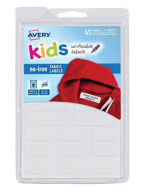 Avery Kids Writeable No-Iron Fabric Labels Assorted Shapes and Sizes White - image 1
