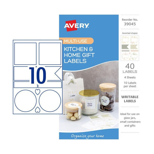 Avery Kitchen Home Gift Labels 39045 Multi-Shape 105x148mm Assorted Colours 4 Pack 10-Up Design 2 | Assorted shape and colour gift and home organisation labels second design