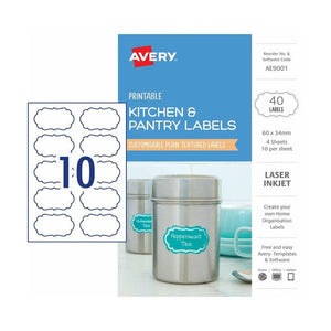 Avery Textured White Kitchen Pantry Labels AE9001 40pk 60x34mm 10-Up | Standard kitchen label for pantry jars, canisters and containers