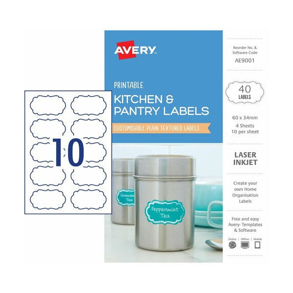 Avery Textured White Kitchen Pantry Labels AE9001 40pk 60x34mm 10-Up | Standard kitchen label for pantry jars, canisters and containers