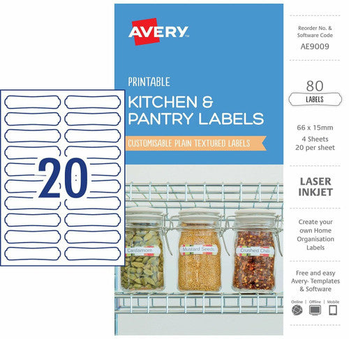 Avery Textured White Kitchen Pantry Labels AE9009 80pk 66x15mm 20-Up | Narrow strip label for compact spice jars and herb containers