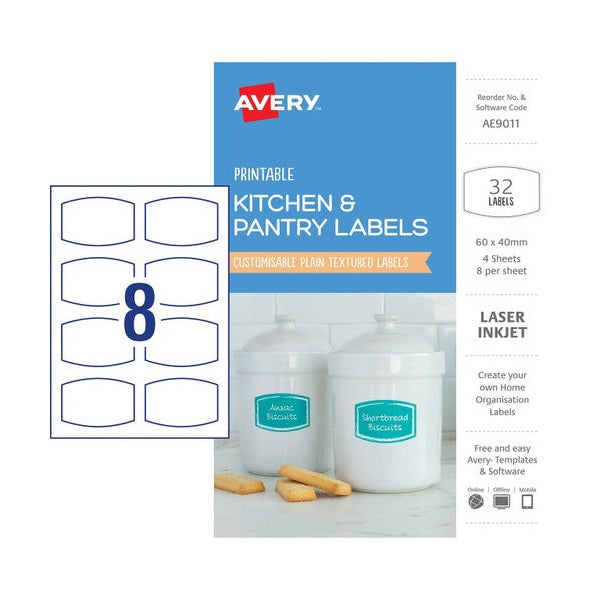 Avery Textured White Kitchen Pantry Labels AE9011 32pk 60x40mm | Tallest kitchen label for larger canisters requiring more label information