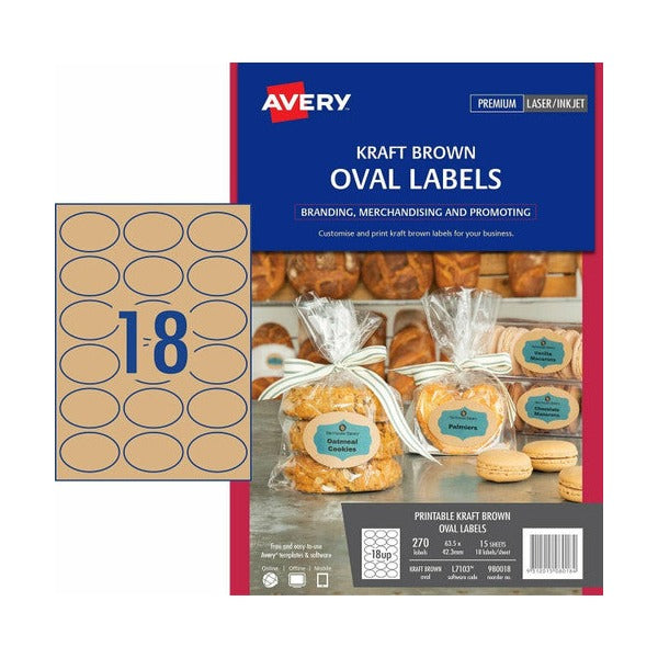 Avery Kraft Brown Oval Product Labels 980018 L7103 270pk 63.5x42.3mm 18-Up | Natural kraft oval for artisanal branding on jars, bottles and eco-packaging