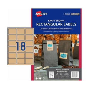 Avery Kraft Brown Rectangular Product Labels 980017 L7110 270pk 62x42mm 18-Up | Natural kraft finish for artisanal eco-conscious branding