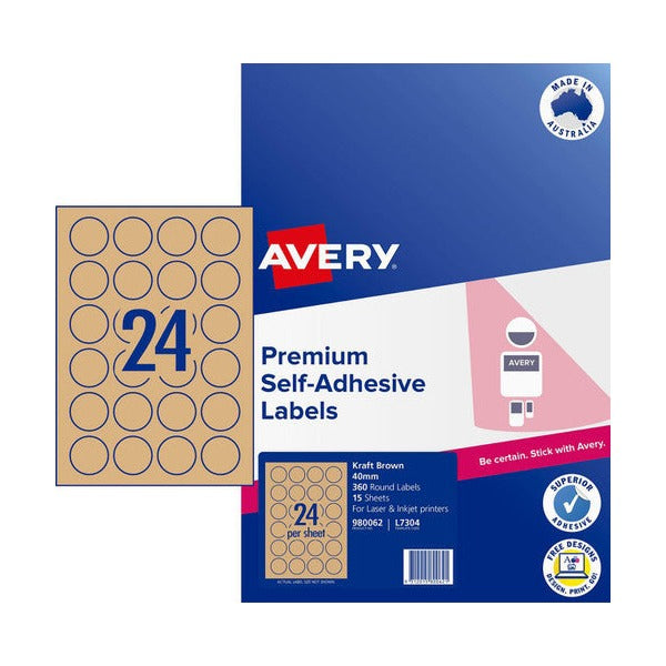 Avery Kraft Brown Round Labels 980062 L7304 40mm Diameter 15 Pack 24-Up | Natural kraft brown artisan round label for jar lids, bottle tops and premium product branding