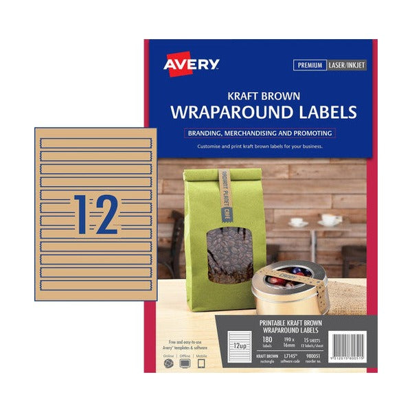 Avery Kraft Brown Wraparound Labels 980051 L7145 180pk 190x16mm 12-Up | Natural kraft narrow wraparound for wine bottle necks and cylindrical artisanal packaging