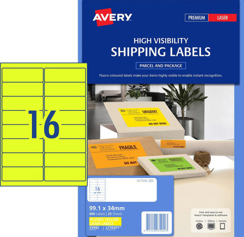 Avery L7162FY Fluoro Yellow Signalling Labels 99.1x34mm 400 Pack - image 1