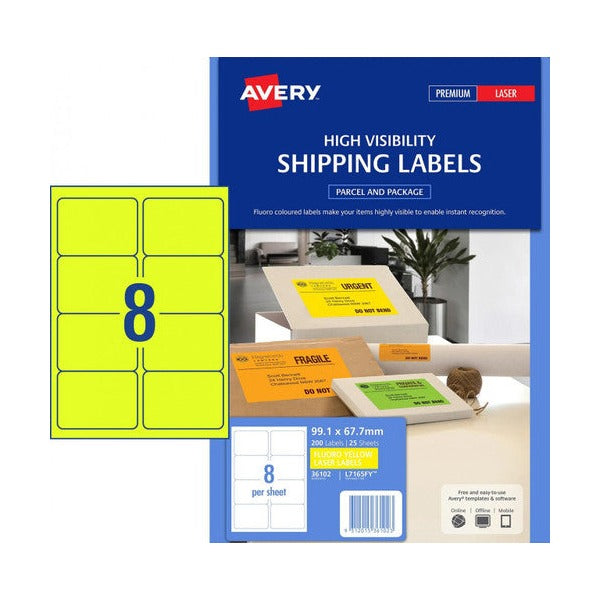 Avery L7165FY Fluoro Yellow Shipping Labels 99.1 x 67.7mm 8UP - image 1