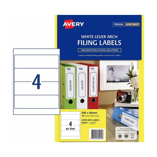 Avery White TrueBlock Lever Arch Labels 959035 L7171 400pk 200x60mm 4-Up | Opaque spine labels for crisp binder identification over old markings