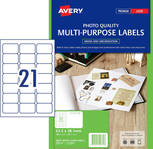 Avery Matt White Photo Quality Labels L7160CL 420 Pack 63.5 x 38.1mm 21UP - image 1