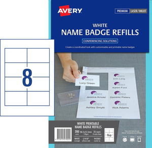 Avery L7418 Name Badge Card Refills 947002 200pk 86.5x55.5mm 8-Up | Printable 150gsm badge faces for conferences, events and meetings