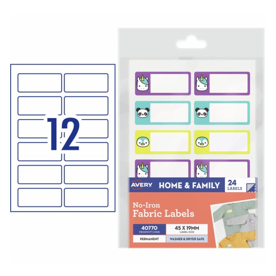 Avery 40770 no-iron stick-on fabric name labels, 45 x 19mm