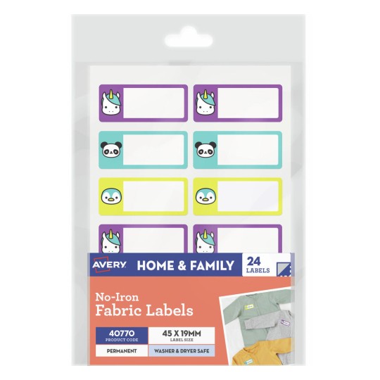Avery 40770 no-iron stick-on fabric name labels, 45 x 19mm