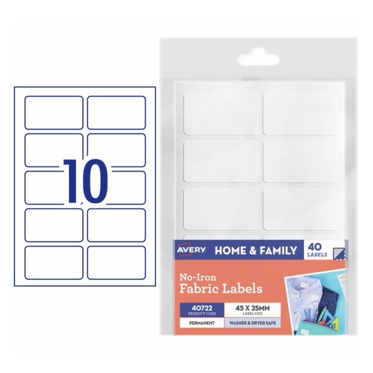 Avery 40722 no-iron stick-on fabric name labels, 45 x 25mm