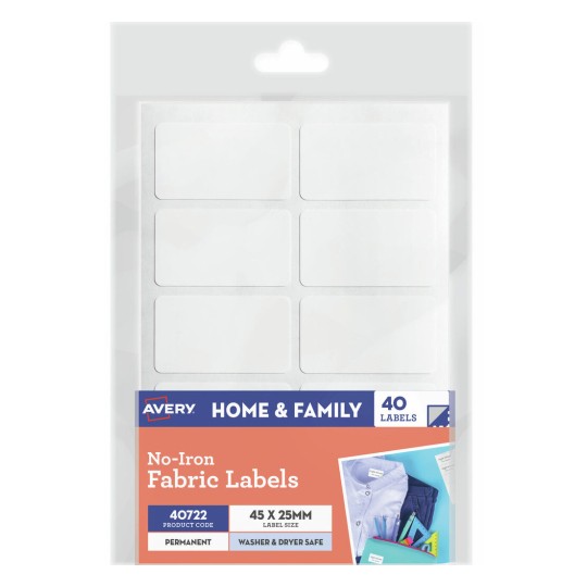 Avery 40722 no-iron stick-on fabric name labels, 45 x 25mm