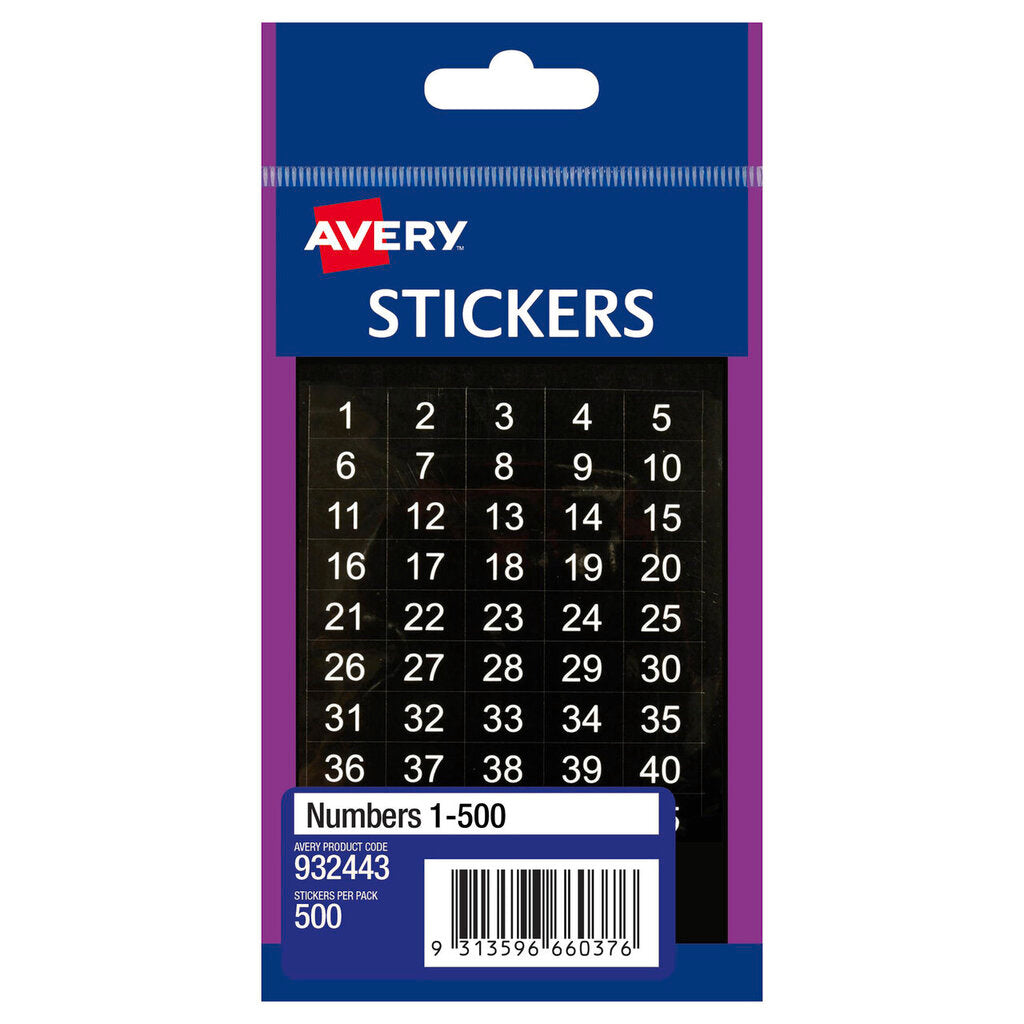 Avery 932443 resealable handipack of 500 pre-printed number stickers running 1 to 500, the card front showing dense columns of small white numerals on black with the Avery logo