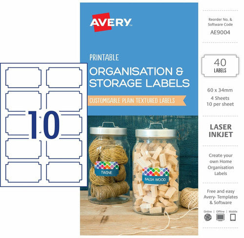 Avery Textured White Organisation Storage Labels AE9004 40pk 60x34mm | Storage label for boxes, shelving and home organisation systems