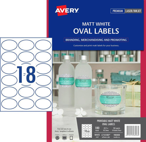 Avery White Oval Removable Product Labels 980008 L7101REV 180pk 63.5x42.3mm 18-Up | Oval removable for temporary product pricing