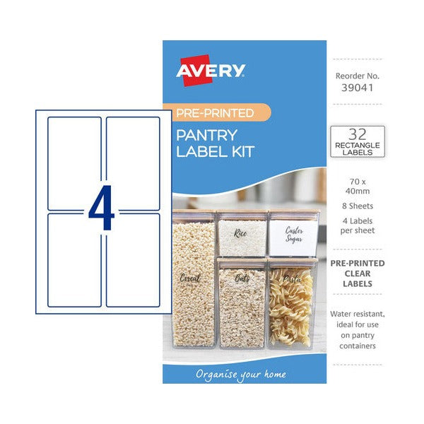 Avery Pantry Label Kit 39041 Rectangle Clear 70x40mm 8 Pack 4-Up | Transparent wide-format pantry labels for canister identification where the container surface shows through