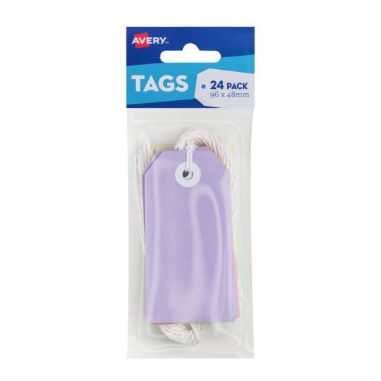 Avery 13207 pastel multi-colour tags with string, 96 x 48mm, pack of 24