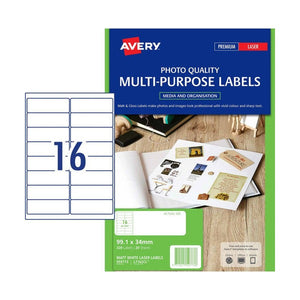 Avery Matt White Photo Quality Labels 959773 L7162CL 320pk 99.1x34mm 16-Up | Premium inkjet coating for sharper reproduction at the wide shallow address size
