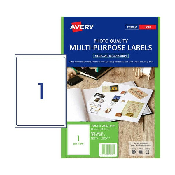 Avery Matt White Photo Quality Labels 959770 L7167CL 20pk 199.6x289.1mm 1-Up Full A4 | Full-page premium matt inkjet for display and large-format labelling
