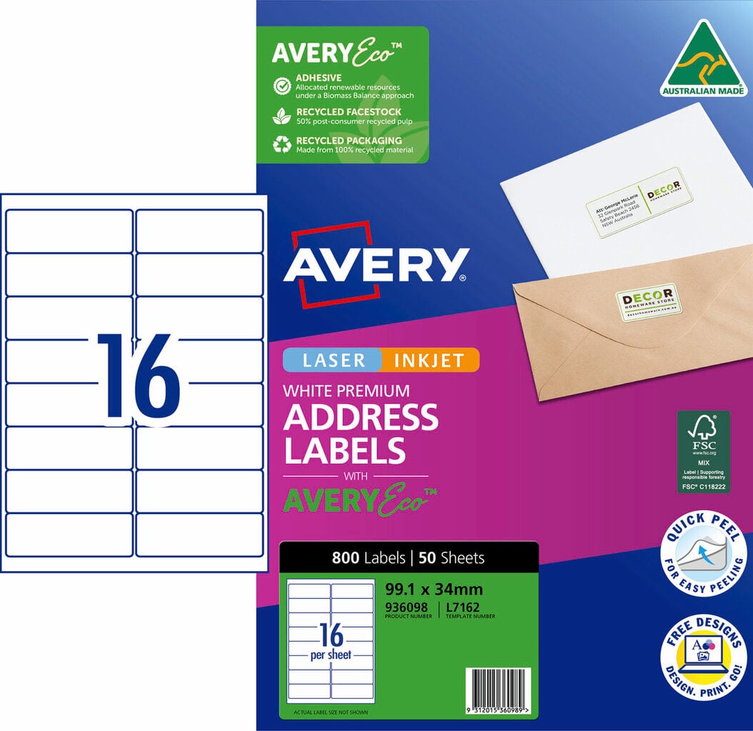 Avery Premium Address Labels with AveryEco pack, blue and magenta box marked Laser Inkjet, 800 Labels 50 Sheets, 99.1 x 34mm, with a 16 per sheet layout diagram and the Australian Made logo.