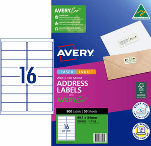 Avery Premium Address Labels with AveryEco pack, blue and magenta box marked Laser Inkjet, 800 Labels 50 Sheets, 99.1 x 34mm, with a 16 per sheet layout diagram and the Australian Made logo.